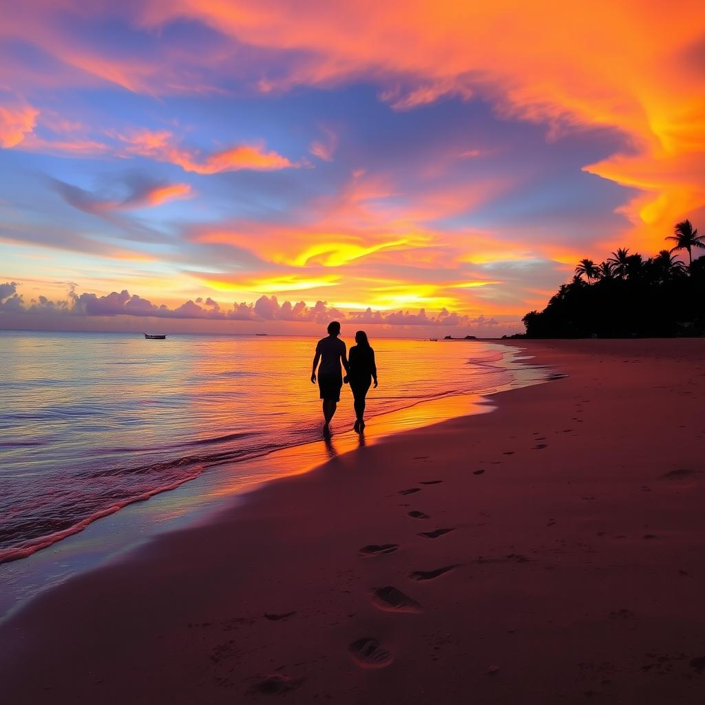 A serene beach scene at sunset, showcasing a vibrant sky filled with hues of orange, pink, and purple reflecting on the calm ocean waters