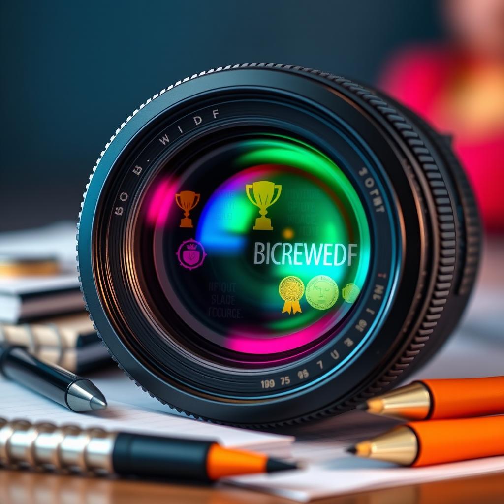 A close-up shot of a stylized camera lens reflecting various elements of achievement, such as trophies, medals, and motivational quotes