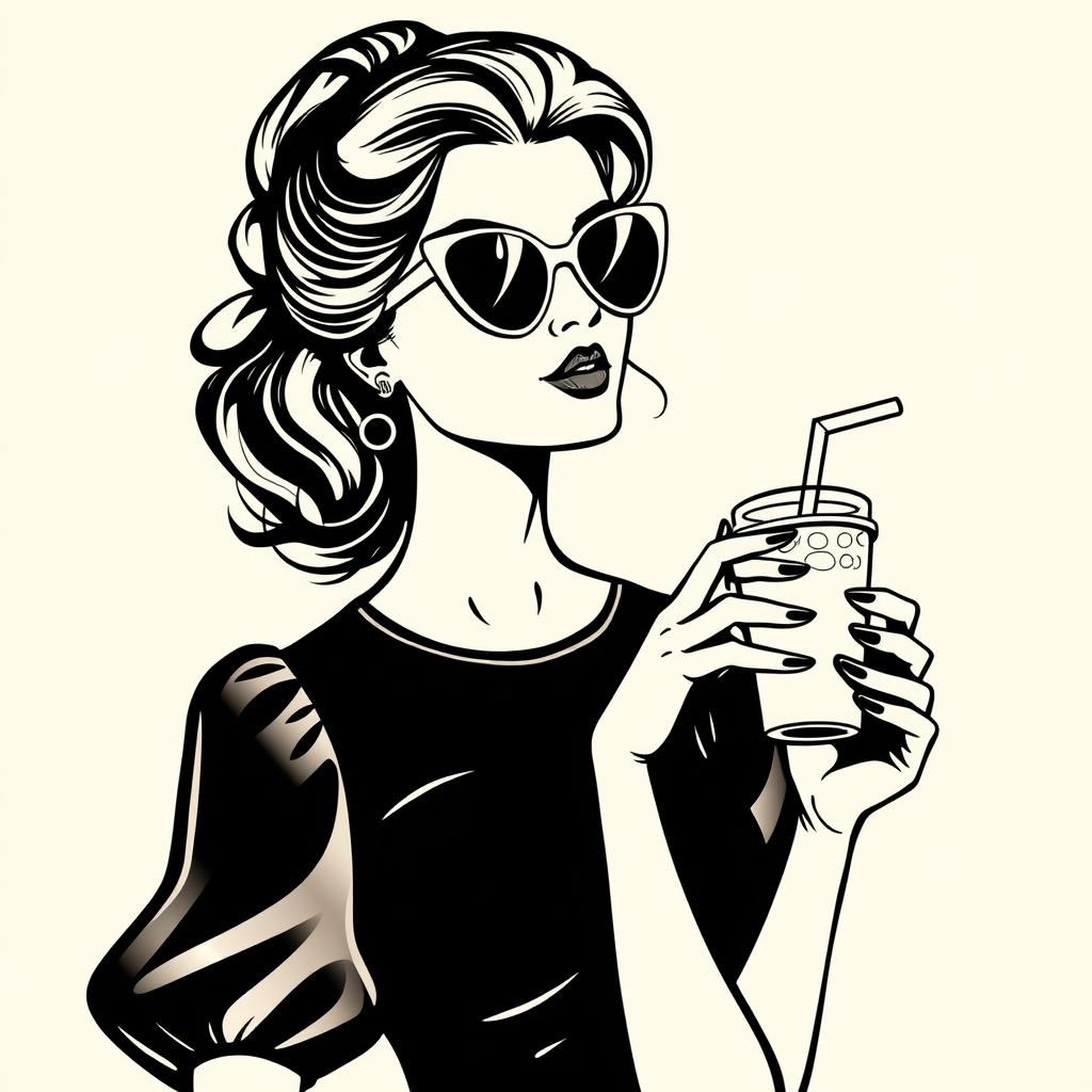 A vintage style illustration of a stylish woman with wavy hair, styled in an elegant updo, wearing heart-shaped sunglasses