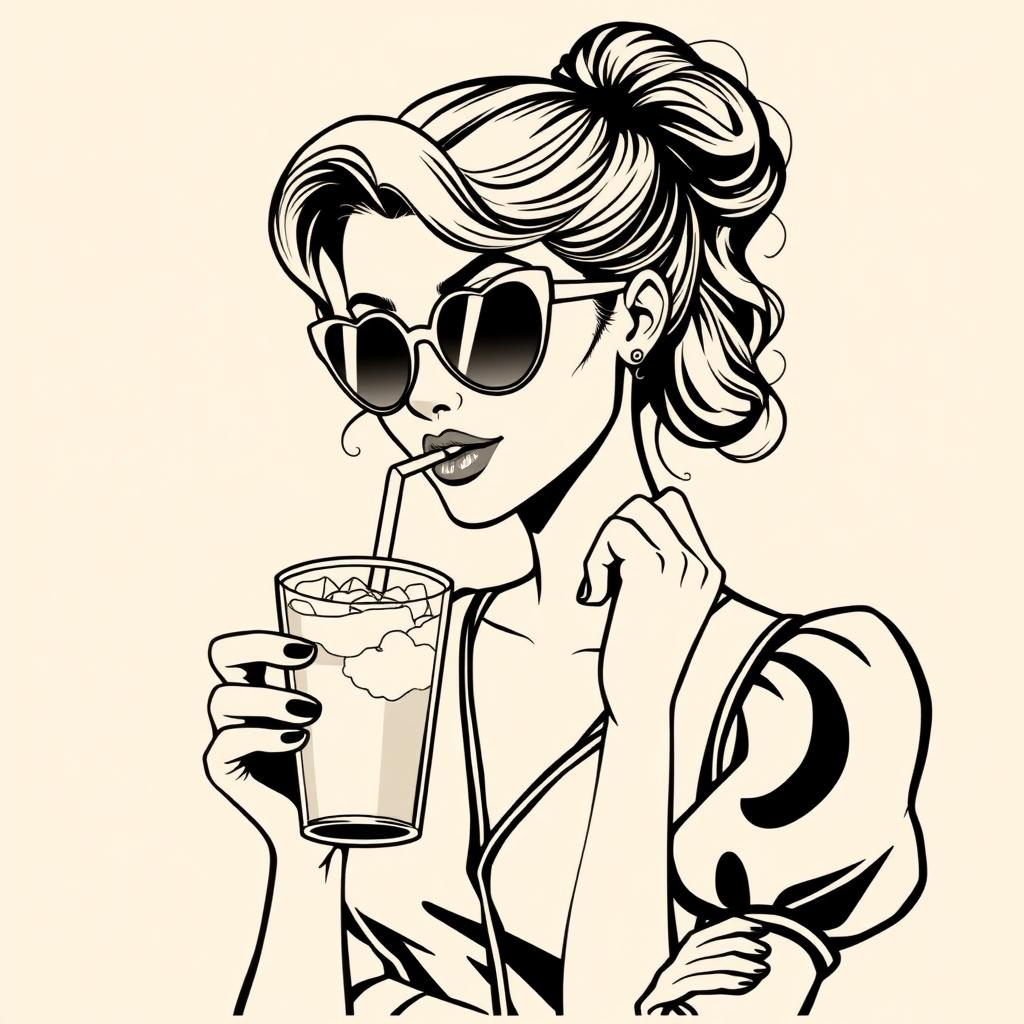 A vintage style illustration of a stylish woman with wavy hair, wearing heart-shaped sunglasses and her hair tied up