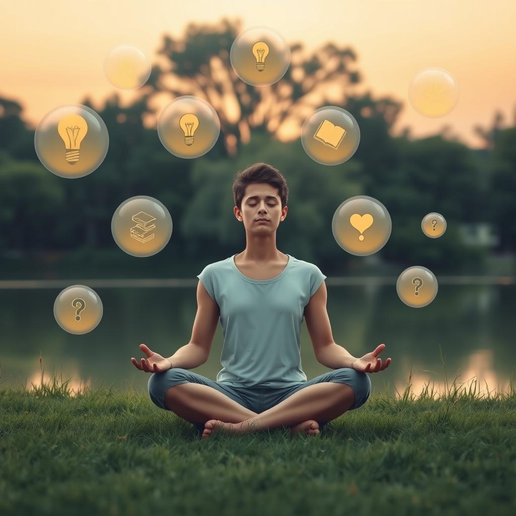 A serene and introspective scene depicting a person sitting cross-legged in a tranquil nature setting, deep in meditation