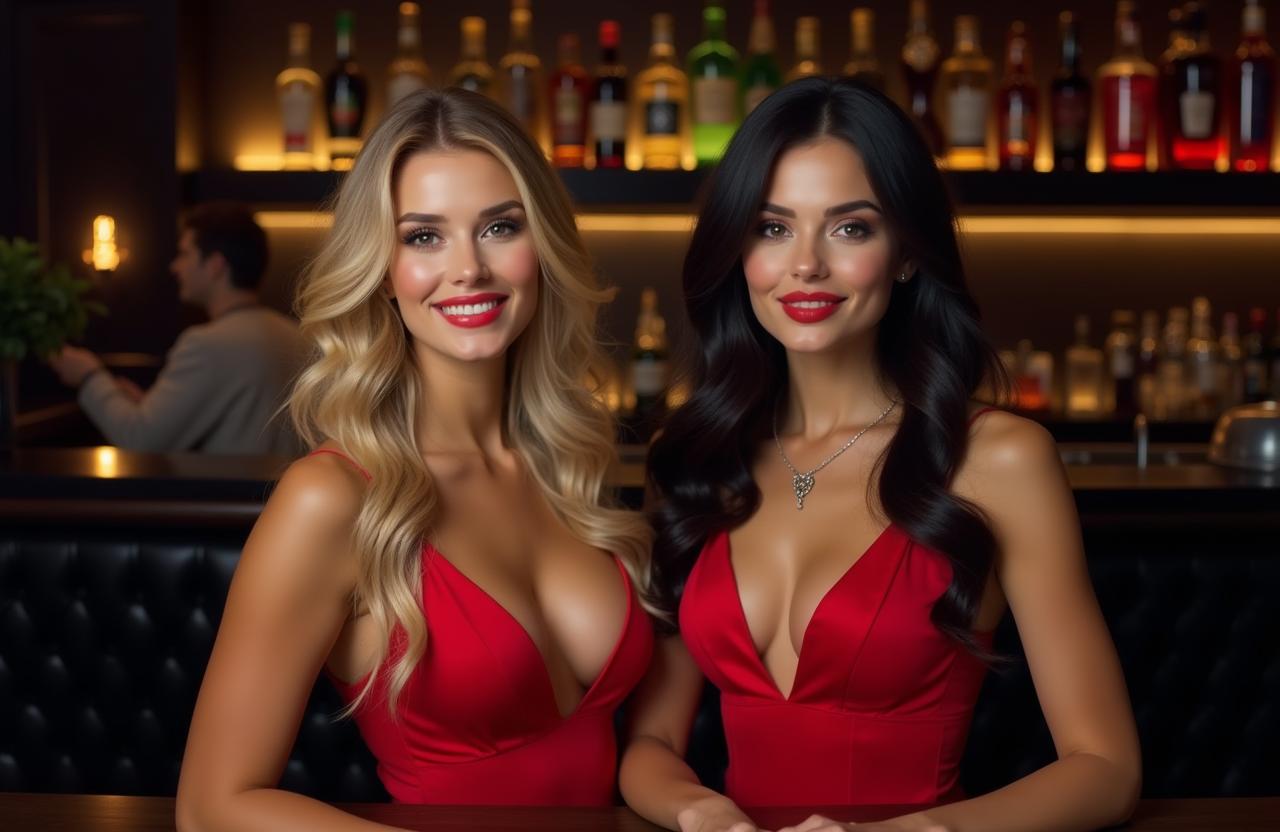 Two sexy girls in an elegant dark bar, one with long blonde hair and the other with striking dark hair