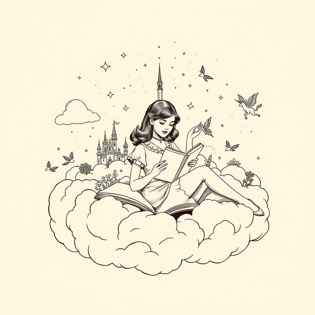 A vintage monochrome illustration featuring a woman dressed in 1960s American-style clothing, lying gracefully on a fluffy cloud