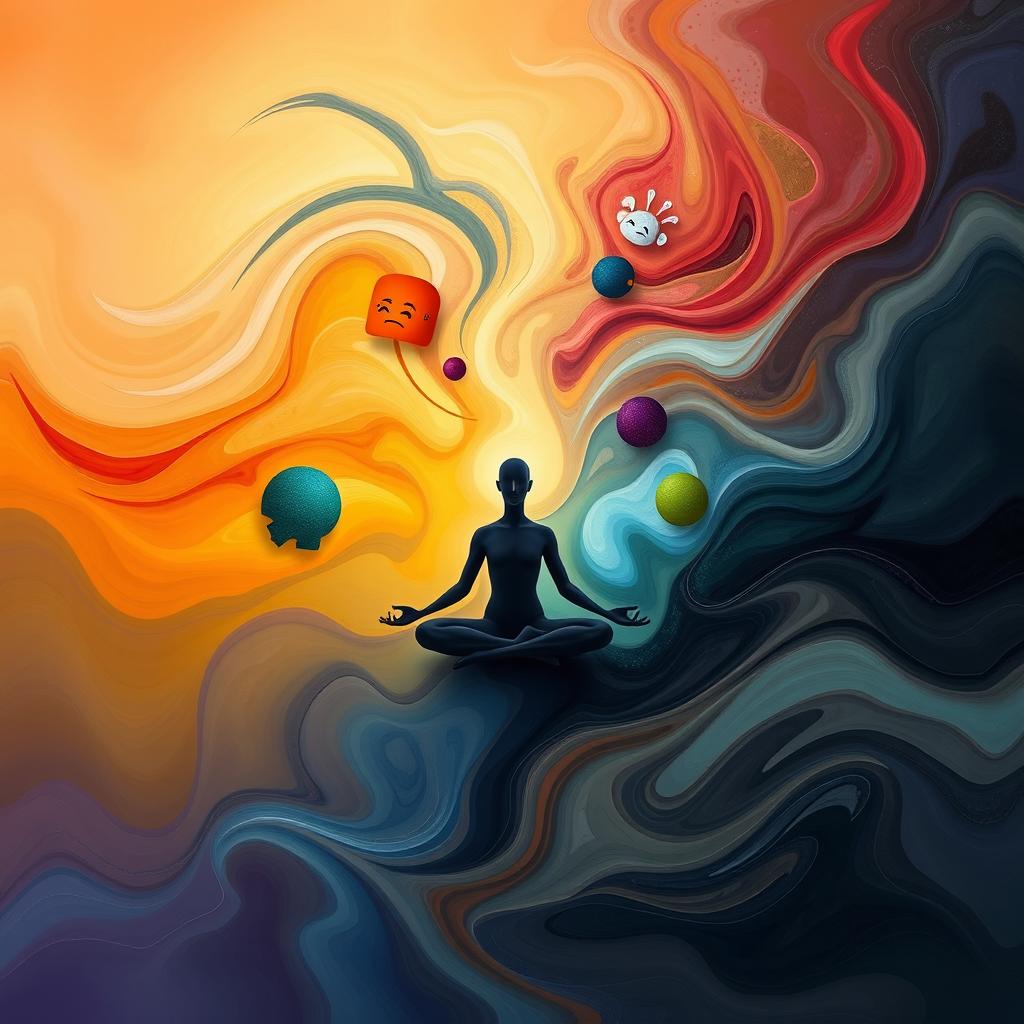 An abstract representation of emotions, featuring swirling colors and shapes that convey feelings like joy, sadness, anger, and calm