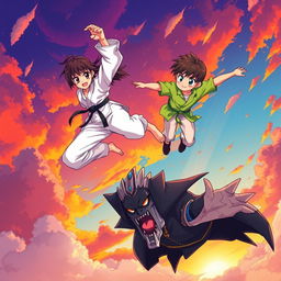 An anime-style illustration depicting an intense battle between a teenage girl skilled in karate and a vampire boy king