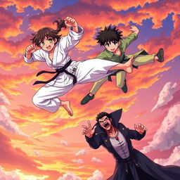 An anime-style illustration depicting an intense battle between a teenage girl skilled in karate and a vampire boy king
