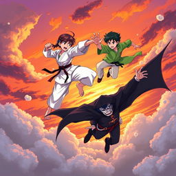 An anime-style illustration depicting an intense battle between a teenage girl skilled in karate and a vampire boy king
