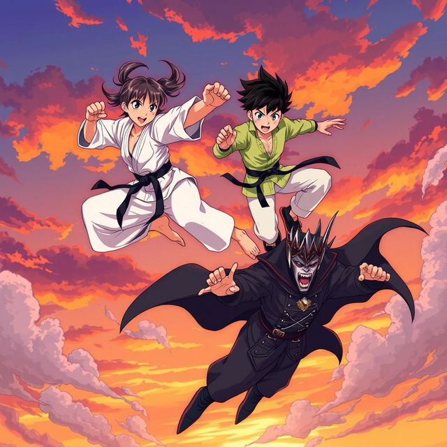 An anime-style illustration depicting an intense battle between a teenage girl skilled in karate and a vampire boy king