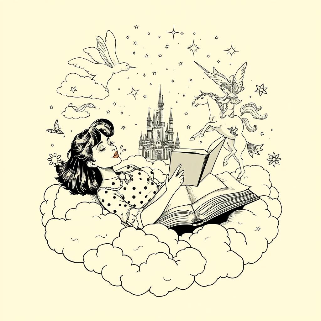 A vintage illustration featuring a woman dressed in 1960s American-style clothing, lying on a cloud while holding an open book and reading