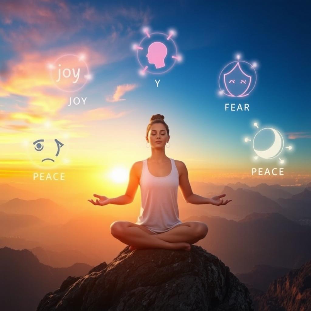 A visually striking image of a person meditating on a mountain peak during sunrise, surrounded by floating symbols representing various emotions such as joy, sadness, fear, and peace