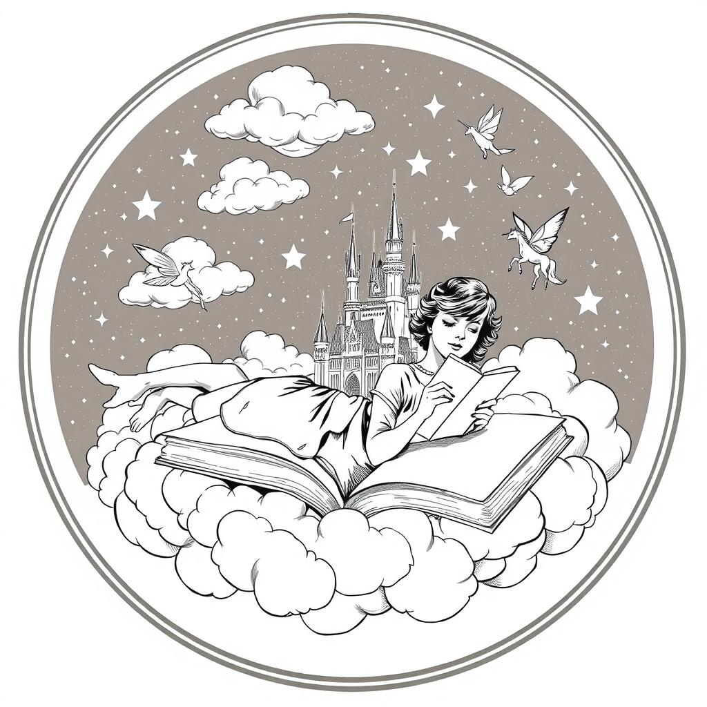 A vintage illustration featuring a woman dressed in 1960s American-style clothing, lying on a cloud while holding an open book and reading
