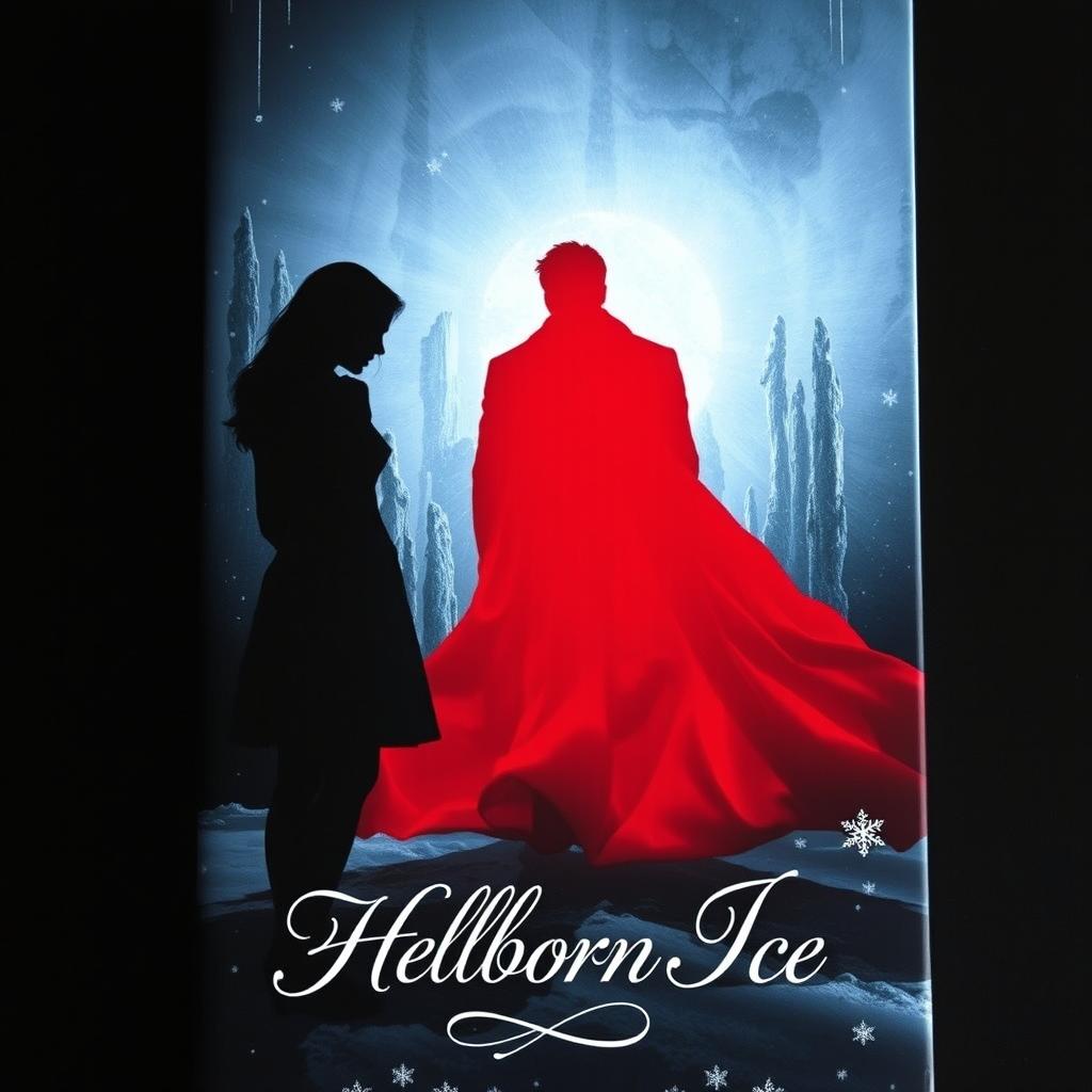 A captivating book cover for 'Hellborn Ice', featuring the black silhouette of a woman standing in front of the red silhouette of a man, symbolizing their complicated relationship