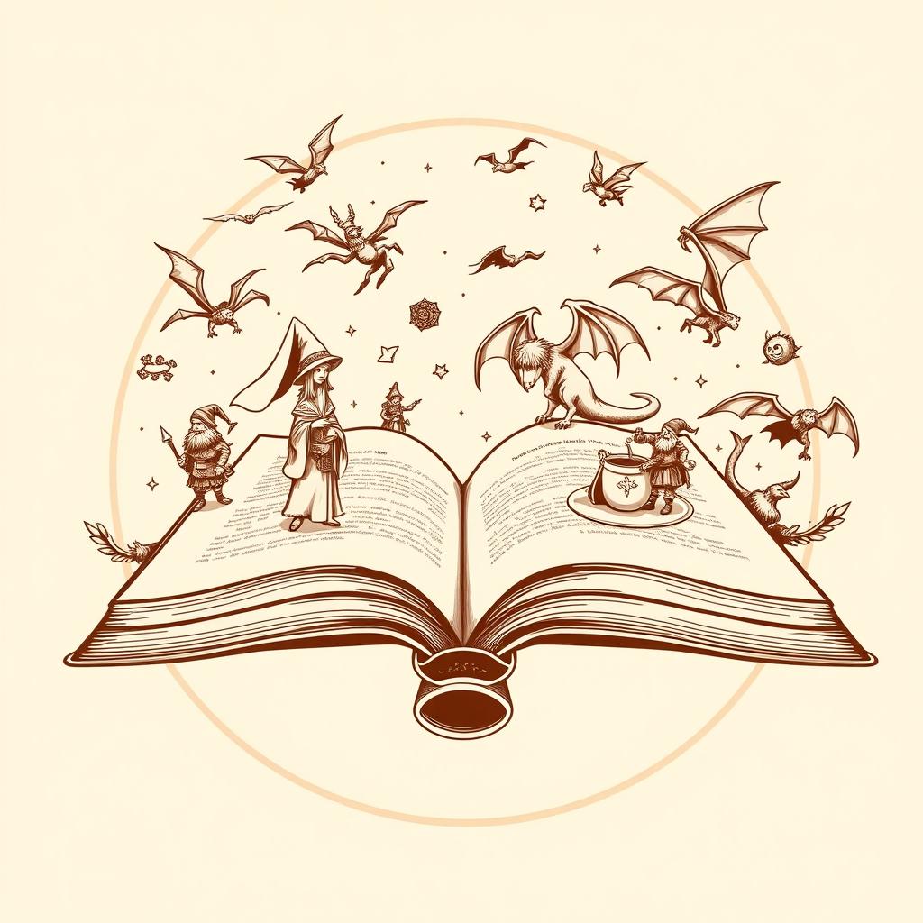A striking fantasy-themed illustration of an open book, with fantasy characters such as dwarves, elves, and dragons both flying and walking on top of the pages