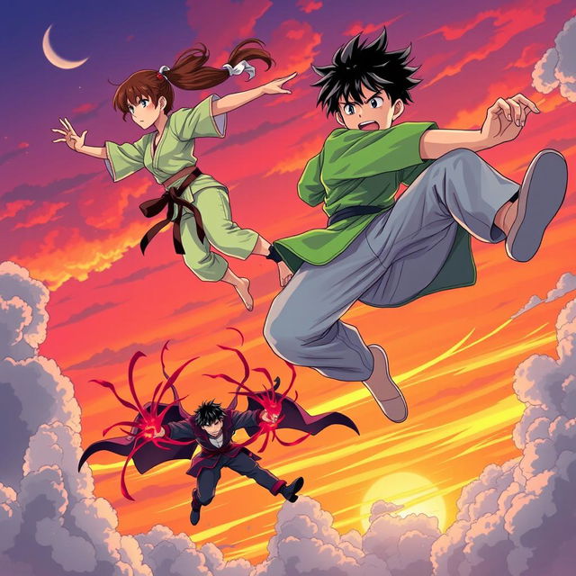 An action-packed anime-style illustration showcasing a teenage karate girl and a teenage boy in a bright green shirt and light pants, both flying through the sky at sunset