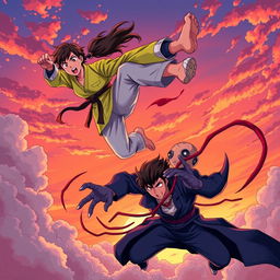 An action-packed anime-style illustration showcasing a teenage karate girl and a teenage boy in a bright green shirt and light pants, both flying through the sky at sunset