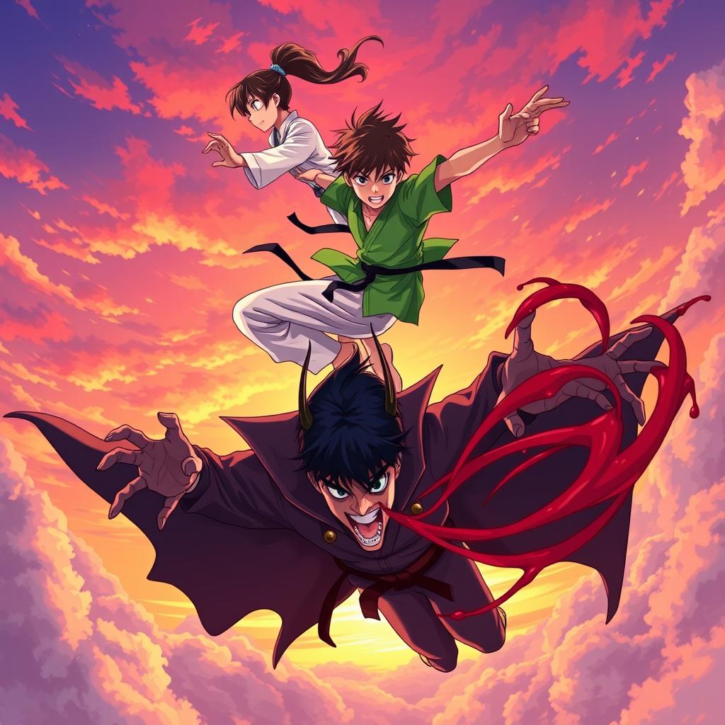 An action-packed anime-style illustration showcasing a teenage karate girl and a teenage boy in a bright green shirt and light pants, both flying through the sky at sunset