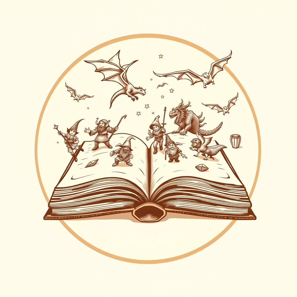 A striking fantasy-themed illustration of an open book, featuring intricately designed fantasy characters including dwarves, elves, and dragons, flying and walking on top of the pages