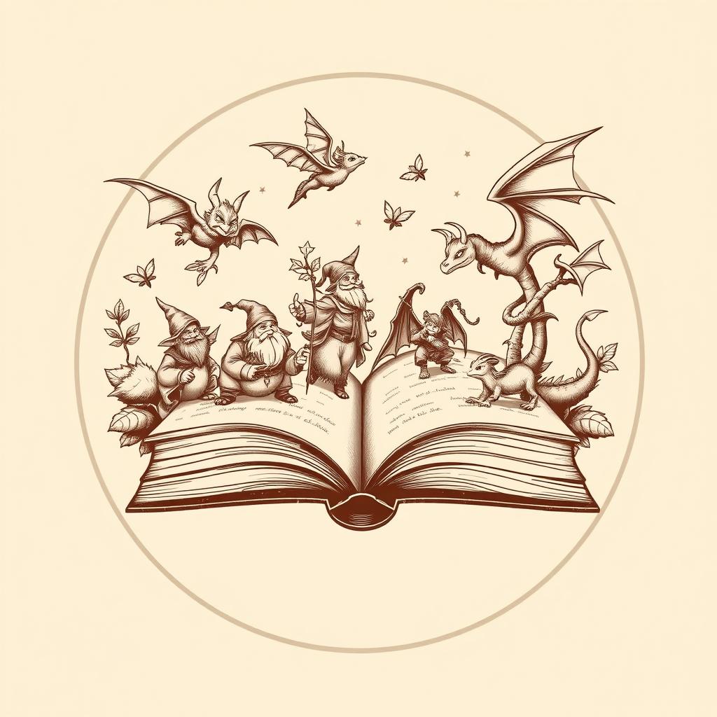 A striking fantasy-themed illustration of an open book, featuring beautifully designed fantasy characters such as dwarves, elves, and dragons, flying and walking across the pages