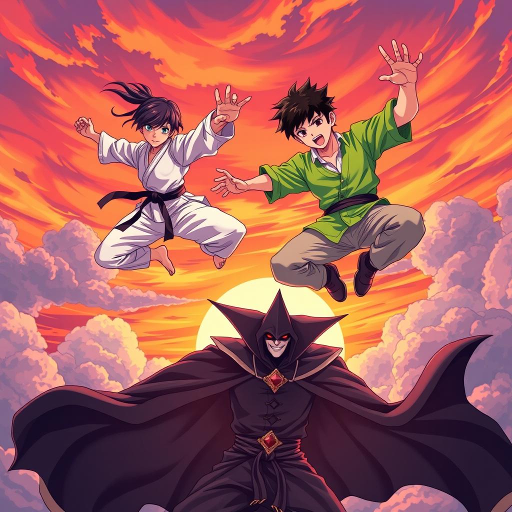 An action-packed anime-style illustration featuring a teenage karate girl and a teenage boy in a bright green shirt and light pants, both flying through a dramatic sunset sky