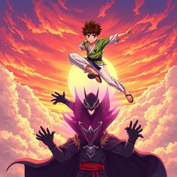 An action-packed anime-style illustration featuring a teenage karate girl and a teenage boy in a bright green shirt and light pants, both flying through a dramatic sunset sky