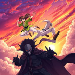 An action-packed anime-style illustration featuring a teenage karate girl and a teenage boy in a bright green shirt and light pants, both flying through a dramatic sunset sky