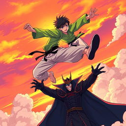 An action-packed anime-style illustration featuring a teenage karate girl and a teenage boy in a bright green shirt and light pants, both flying through a dramatic sunset sky