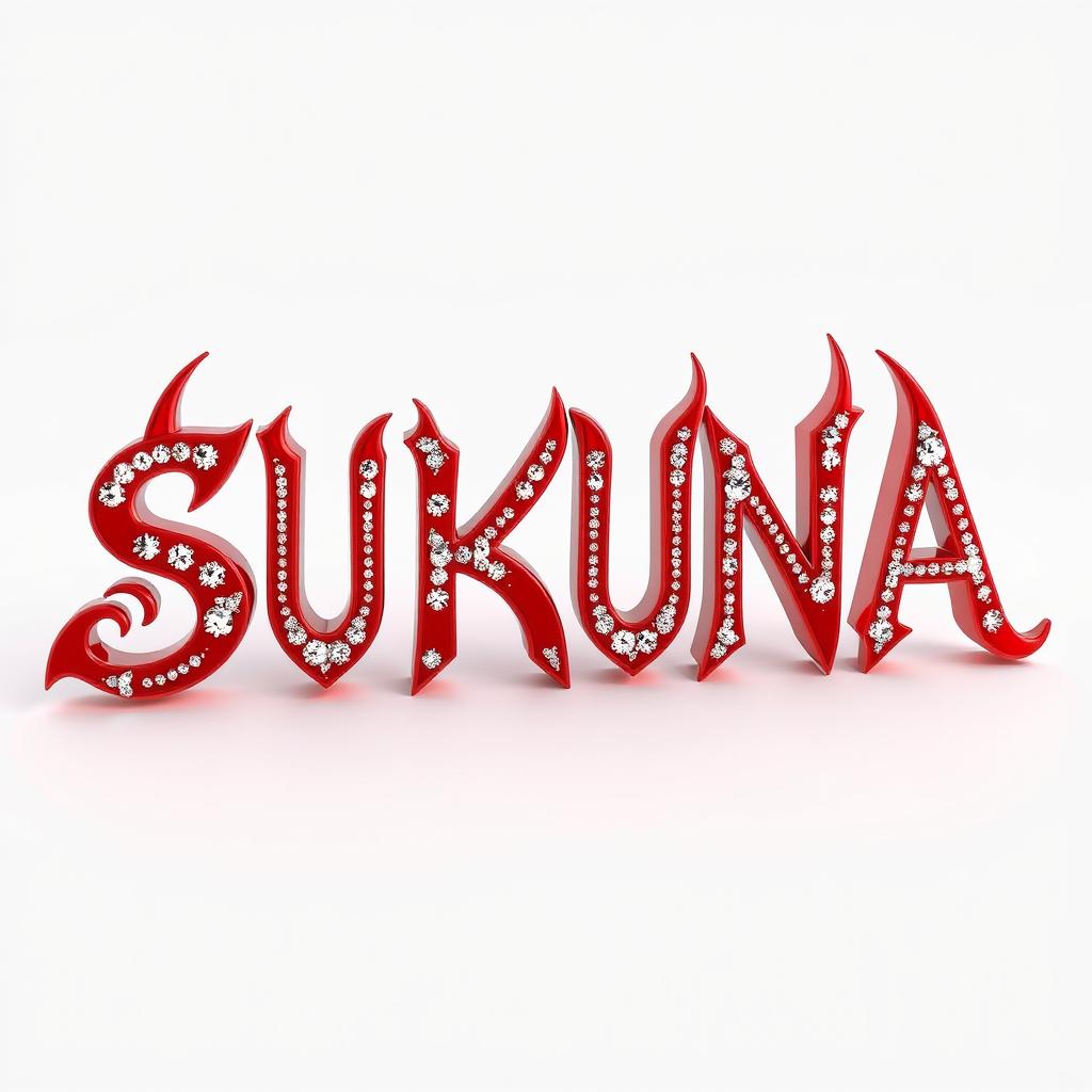 A 3D font spelling out the name 'SUKUNA', characterized by beauty, creativity, and intricate ornamentation, exuding a luxurious demonic impression