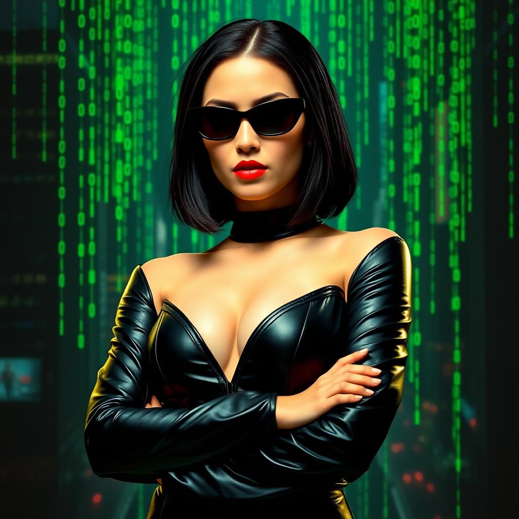 A strong, confident woman in a sleek, black leather outfit inspired by Trinity from The Matrix movie