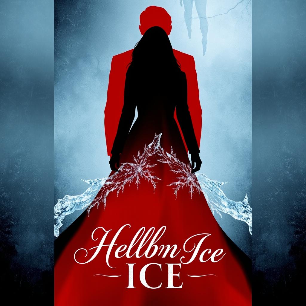 An evocative book cover for 'Hellborn Ice', showcasing the dark silhouette of a woman in black standing defiantly in front of the bold red silhouette of a man