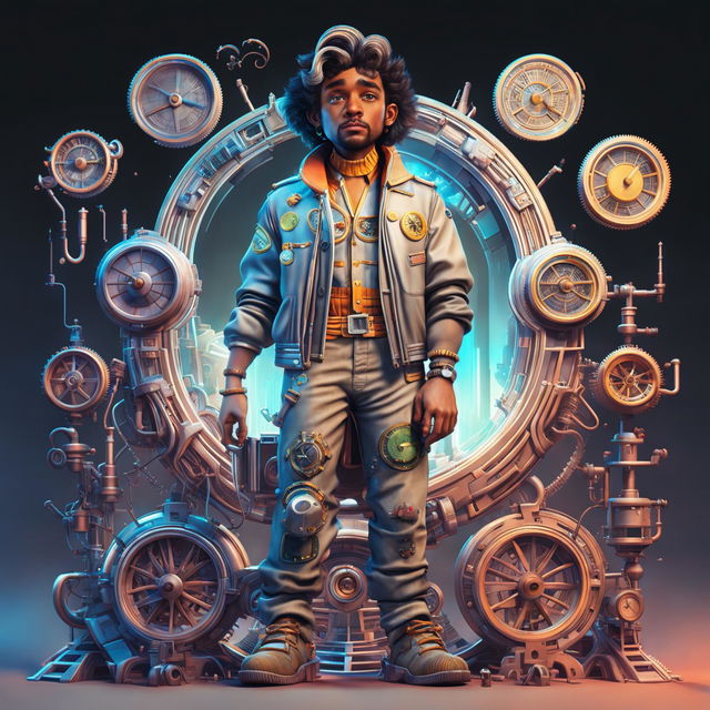 A 3D digital art image of a Marty McFly-like character in an outfit blending elements from the 1600s, 1900s, and 1990s, standing on a hovering machine that combines industrial age and 1980s technology