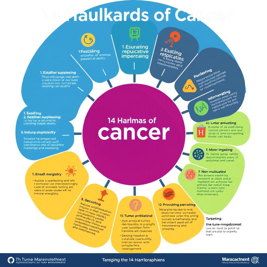 A visually engaging infographic illustrating the 14 hallmarks of cancer
