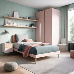 A minimalist yet cozy bedroom designed for a teenager, featuring functional modern furniture, calming colors and organized spaces