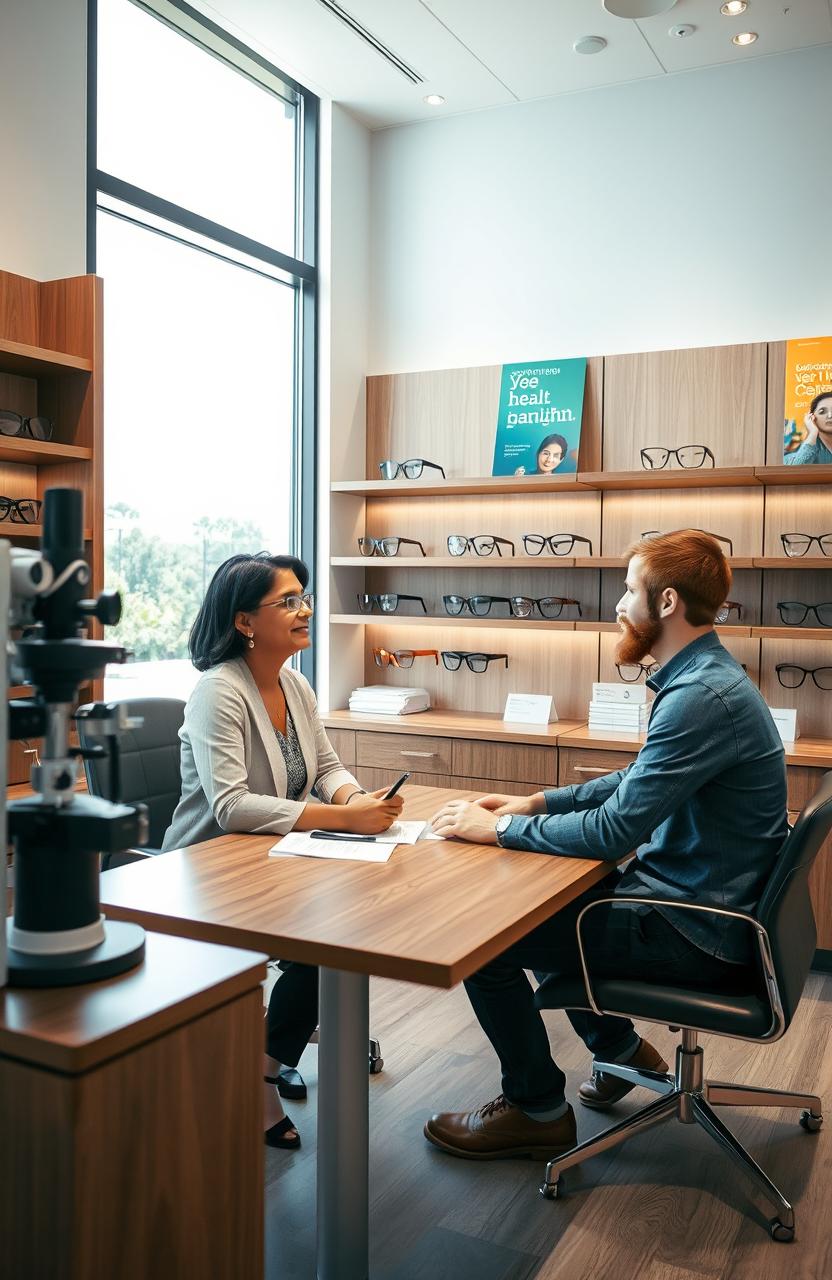 A modern optometry clinic interior, showcasing advanced eye examination equipment like phoropters and retina cameras, surrounded by stylish optical frames displayed on sleek wooden shelves