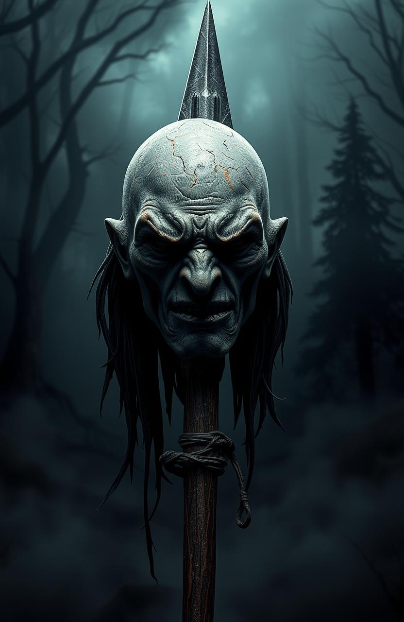 A dramatic scene in a dark fantasy setting, featuring a detailed depiction of a head impaled on a spear