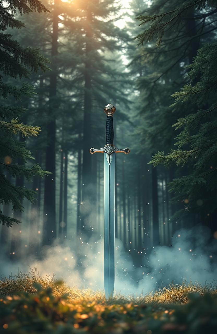 A mystical forest scene featuring tall, majestic pine trees towering in the background