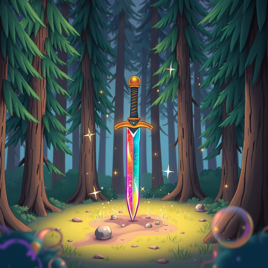 A cartoonish, mystical forest filled with tall, exaggerated pine trees creating a whimsical atmosphere