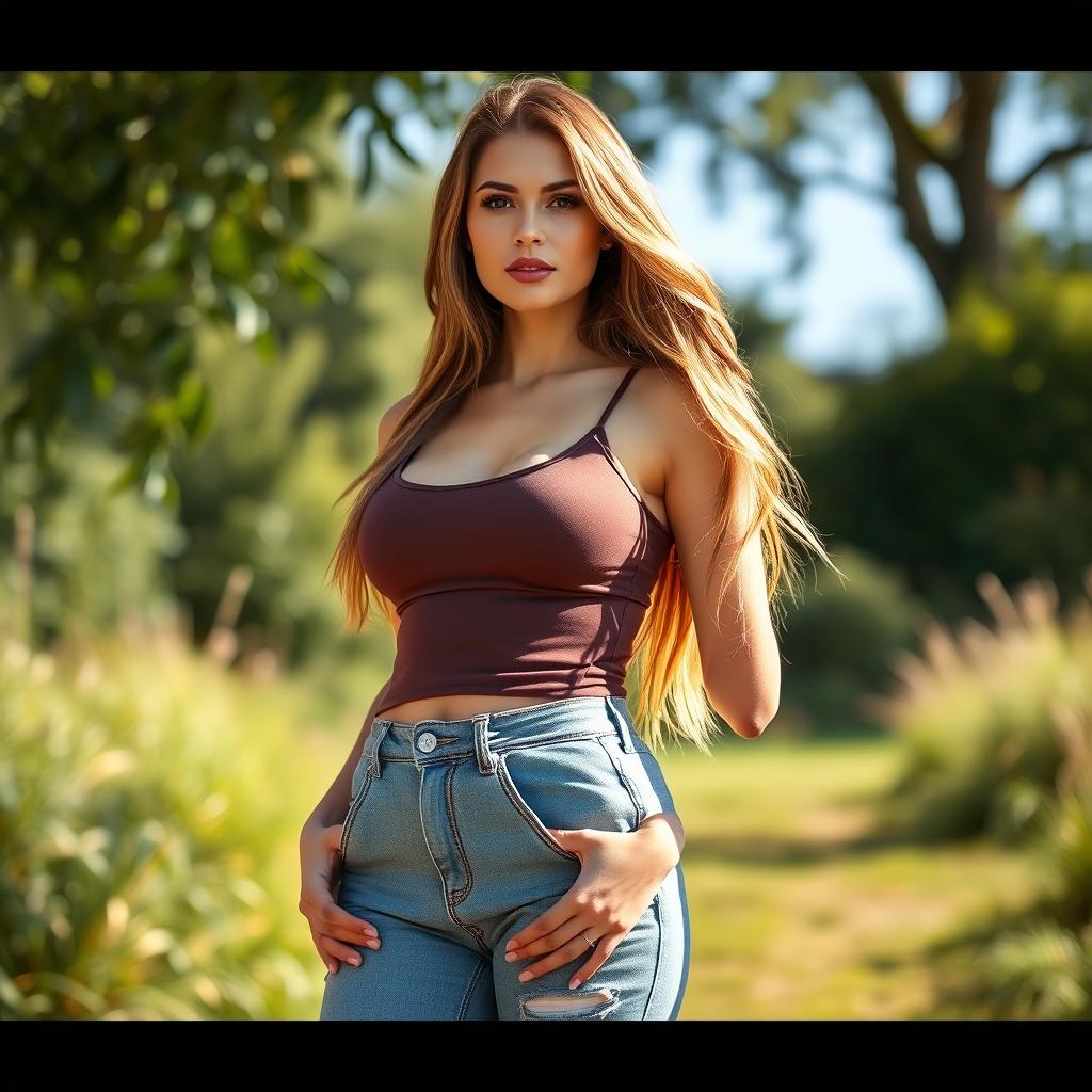 A regular American woman with a beautiful figure, standing confidently in a natural outdoor setting