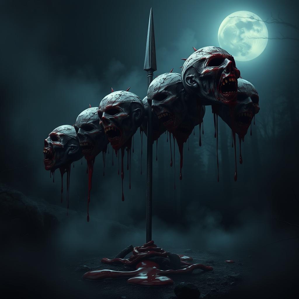 A dark and atmospheric scene featuring a single spear firmly lodged upright in the ground, with several bloody heads gruesomely impaled on the tip of the spear