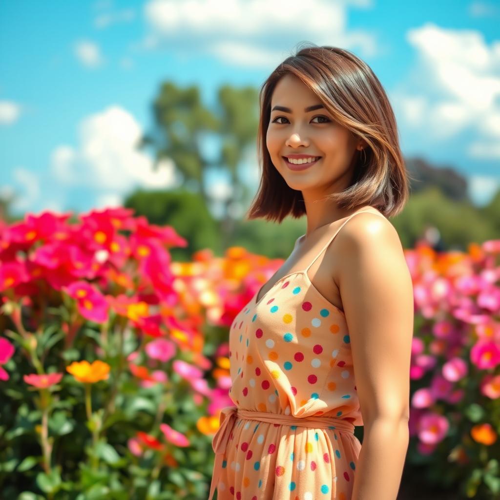 A typical American woman with an attractive figure, exuding confidence while standing in a park filled with vibrant flowers