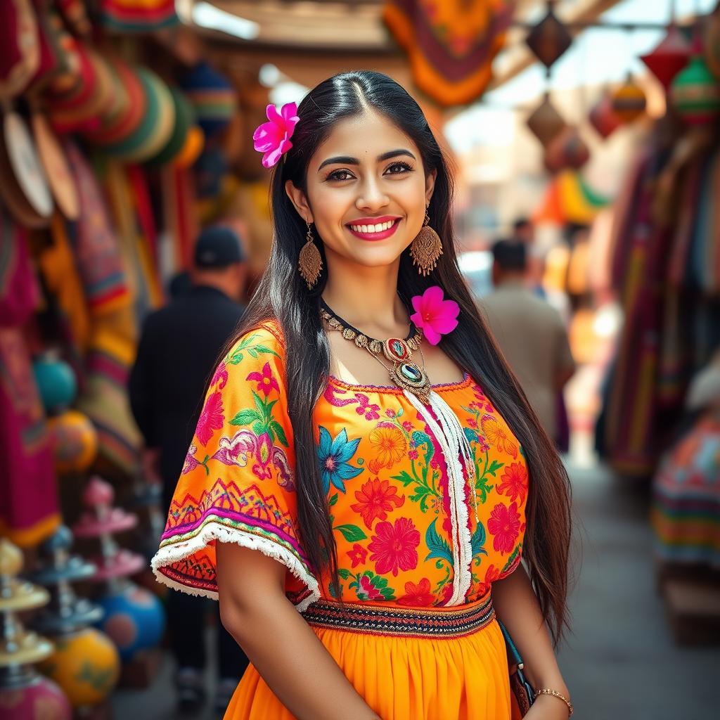 A vibrant portrait of a beautiful Mexican woman dressed in traditional clothing, including a colorful embroidered blouse and a flowing skirt