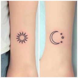 A collection of paired mini tattoos featuring intricate designs, one representing a sun with rays in the form of stylized waves, and the other a crescent moon with delicate stars surrounding it