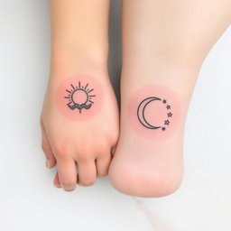 A collection of paired mini tattoos featuring intricate designs, one representing a sun with rays in the form of stylized waves, and the other a crescent moon with delicate stars surrounding it