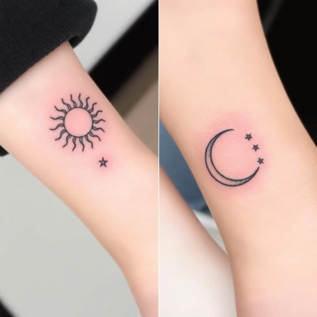 A collection of paired mini tattoos featuring intricate designs, one representing a sun with rays in the form of stylized waves, and the other a crescent moon with delicate stars surrounding it
