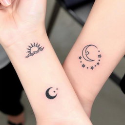 A collection of paired mini tattoos featuring intricate designs, one representing a sun with rays in the form of stylized waves, and the other a crescent moon with delicate stars surrounding it