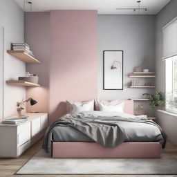 A minimalist yet cozy bedroom designed for a teenager, featuring functional modern furniture, calming colors and organized spaces