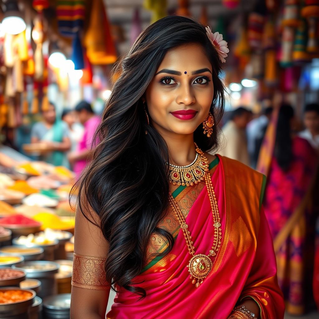A portrait of a graceful Indian woman dressed in a vibrant traditional saree, adorned with intricate gold jewelry