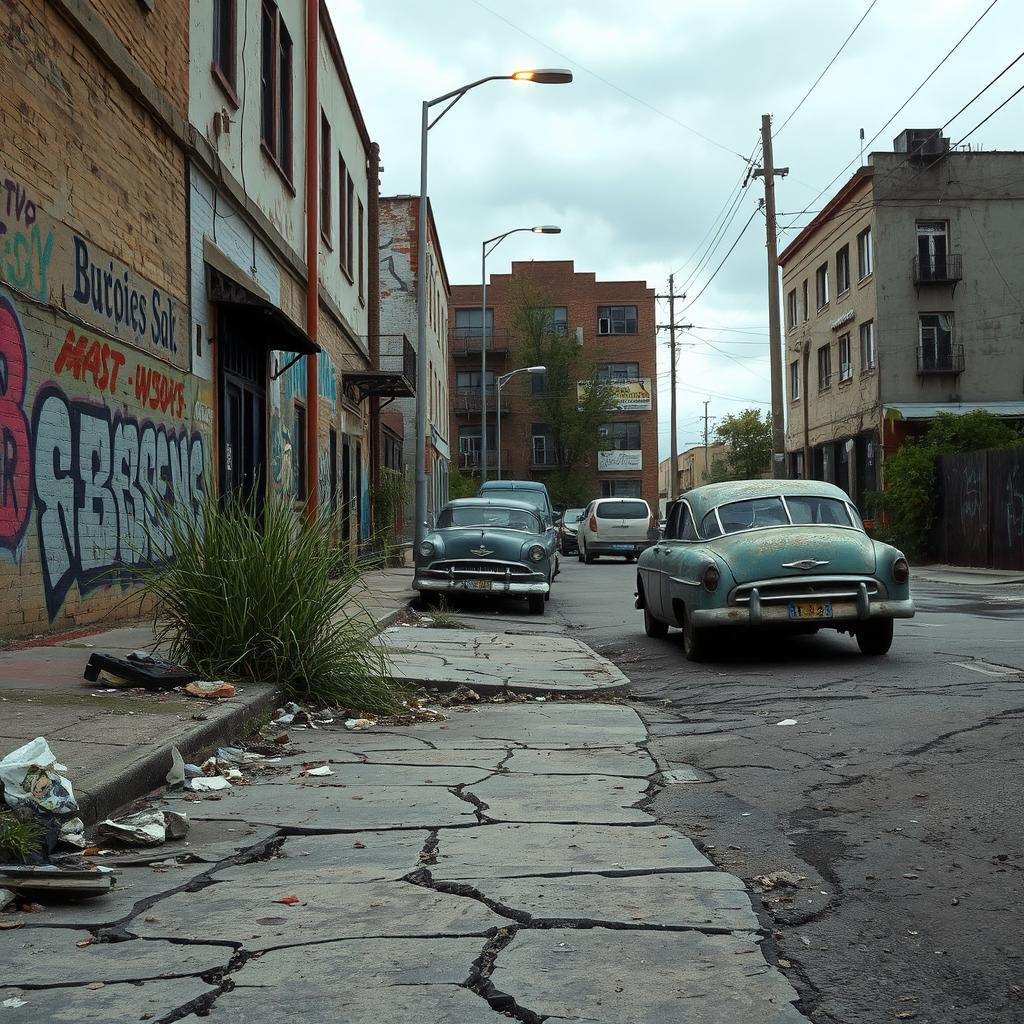 An urban street scene that looks heavily worn and beat up, featuring cracked pavement, graffiti-covered walls, and litter scattered around