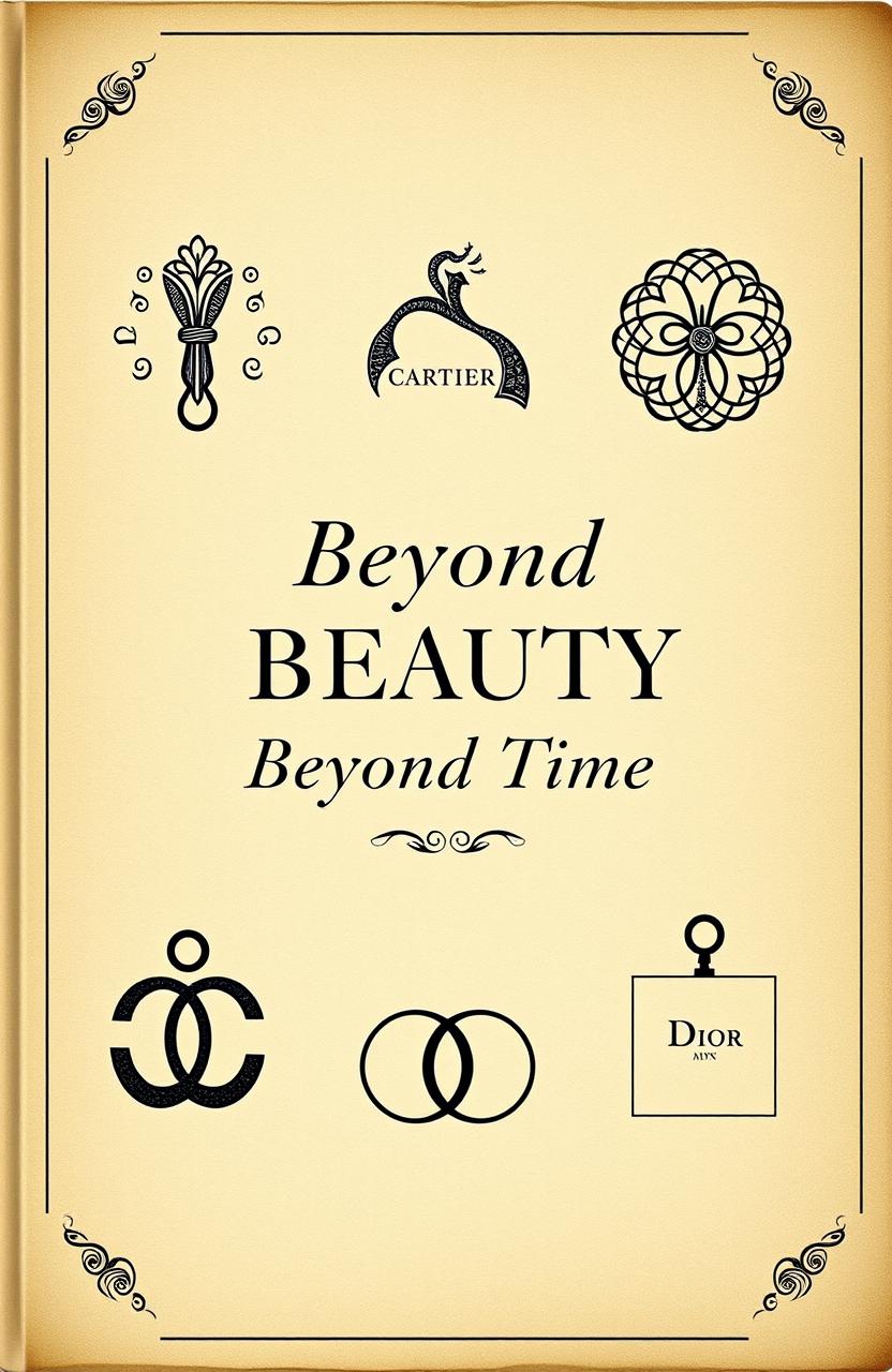 A vintage-style book cover for 'Beyond Beauty Beyond Time' featuring elegant representations of six iconic luxury brands: Van Cleef & Arpels, Cartier, Tiffany & Co