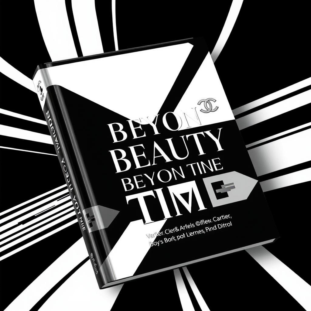 A modern and creative book cover for 'Beyond Beauty Beyond Time' that showcases the six iconic luxury brands: Van Cleef & Arpels, Cartier, Tiffany & Co