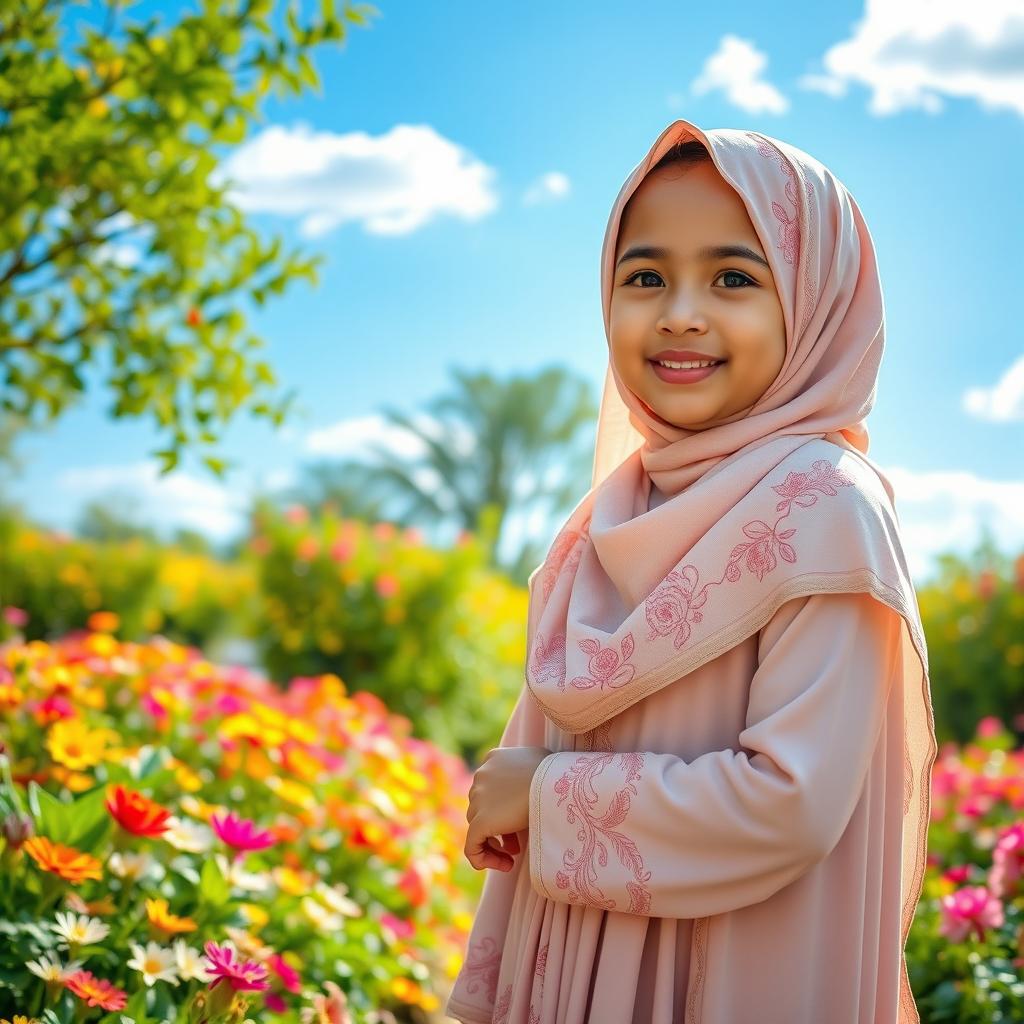A beautiful young Muslim girl wearing an elegant hijab, with intricate floral patterns, standing in a lush garden filled with colorful flowers, sunlight filtering through the trees, displaying a serene and peaceful expression